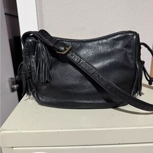 Folio Black Leather Shoulder Bag with tassels